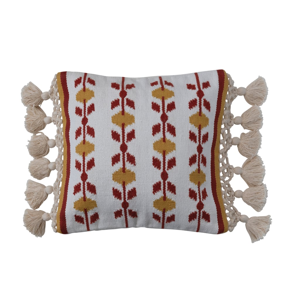 Cotton and Wool Throw Pillow Cover with Geometric Pattern and Macrame Tassels