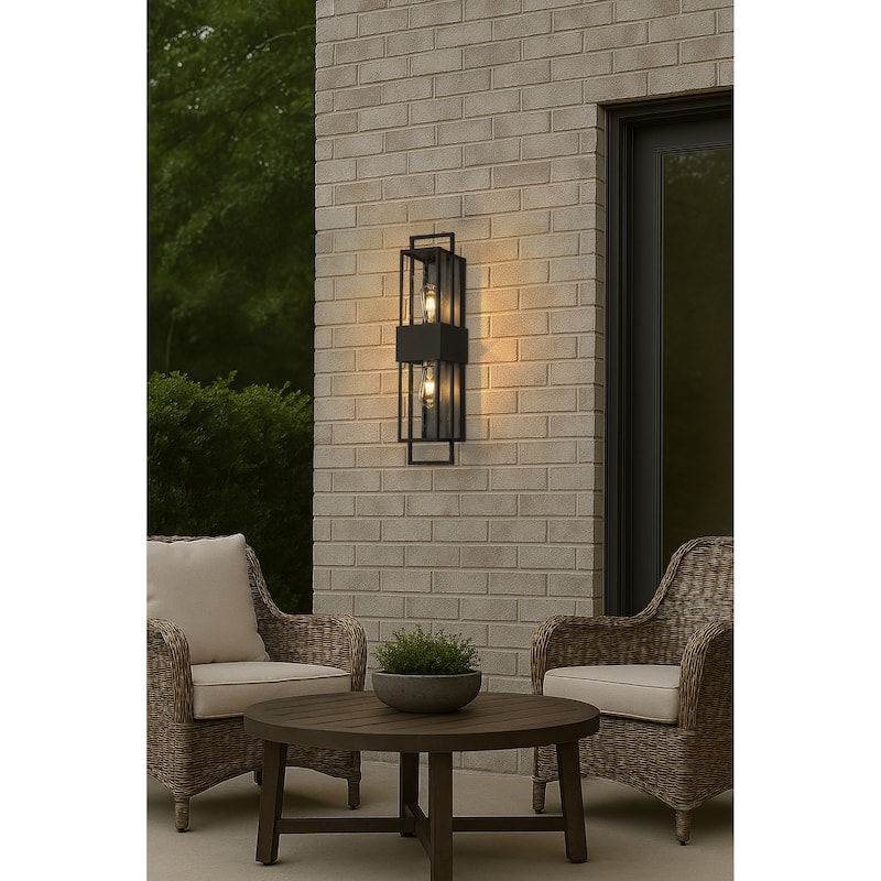 H26'' Modern Seeded Glass Outdoor Wall Light with Dusk to Dawn Sensor Black 2-Light Waterproof Sconce for Porch Garage - W6''