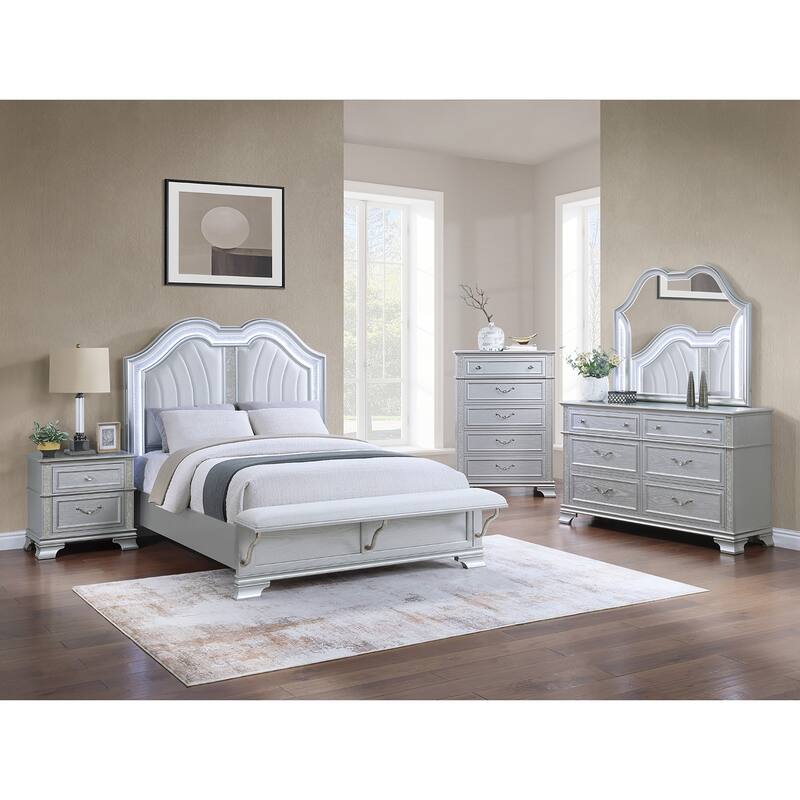 Traditional Style Bed Set Double Arched Headboard Light Gray Finish Bedroom Furniture