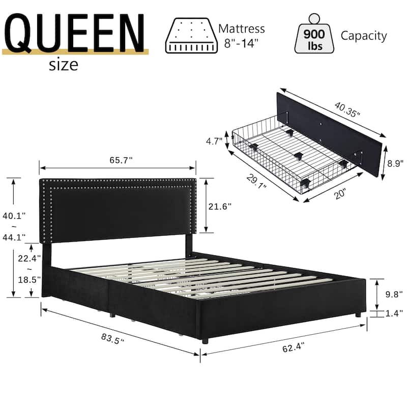 VECELO Upholstered Storage Bed Frames with 4 Storage Drawers Platform Bed Frame with Adjustable Velvet Rivets Headboard