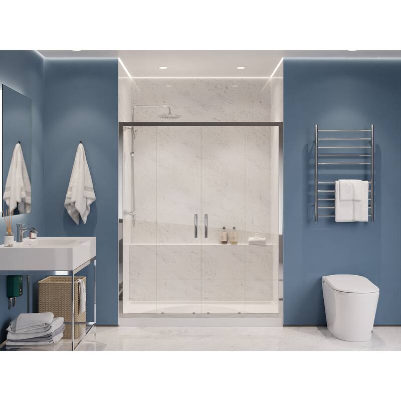 Romance Series 59 to 60 in. x 70 in. H Sliding Framed Shower Door in Multiple Finishes with Tsunami Guard Tempered Clear Glass