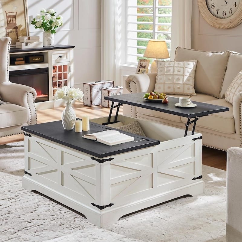 Farmhouse Lift Top Coffee Table with Storage, Wood Square Center Table - White
