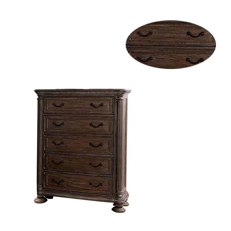 Wooden Chest with 5 Drawers and Intricate Carving Details, Brown