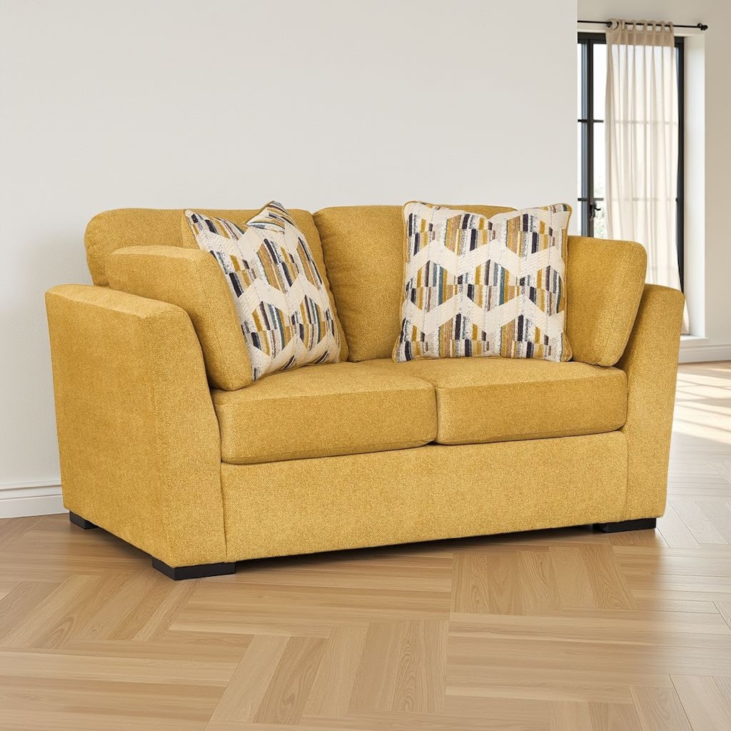 Viena Loveseat, 2 Accent Throw Pillows, Yellow Faux Velvet 68 Inch