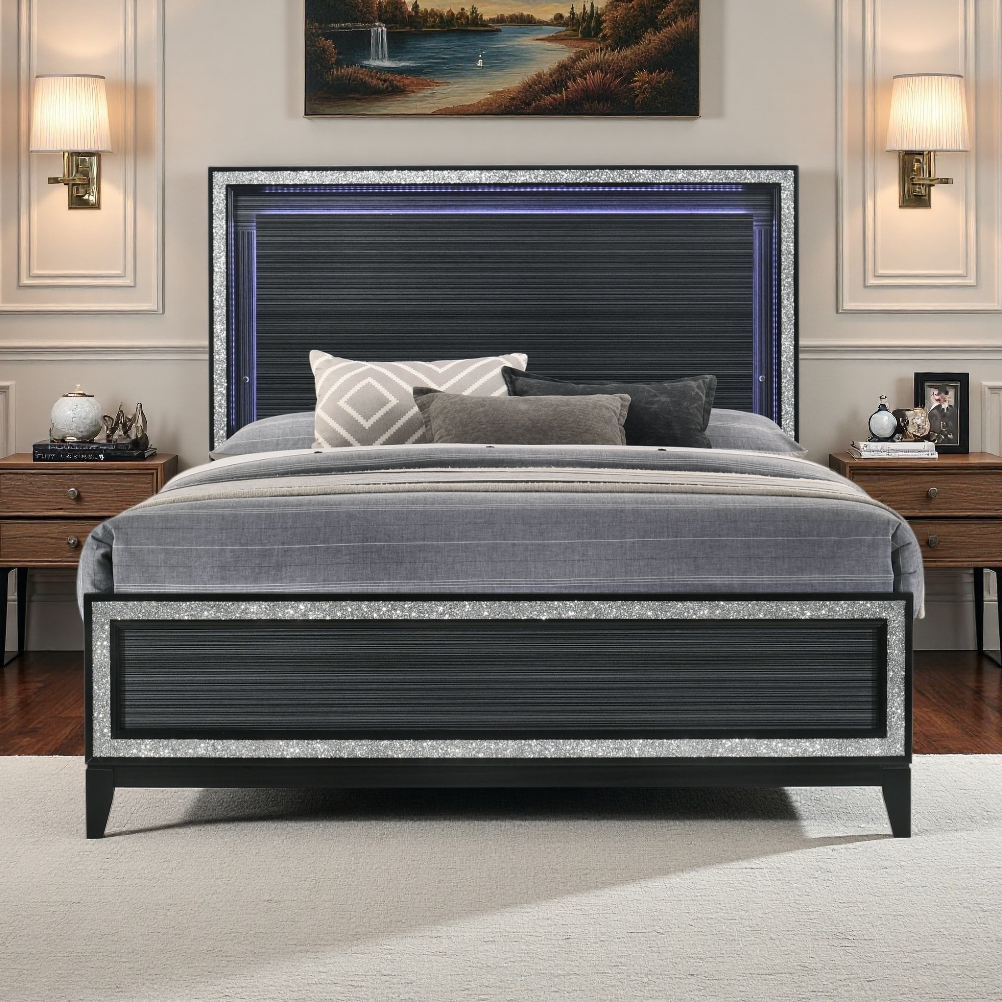 Queen Size Synthetic Wood Platform Bed with LED Lighting
