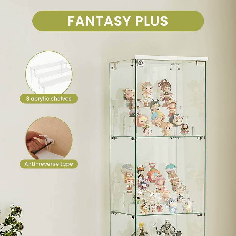 4-Tier Glass Display Cabinet with Lock and Wheels, Single Door Storage Case with 3 Acrylic Shelves for Collectibles and Office