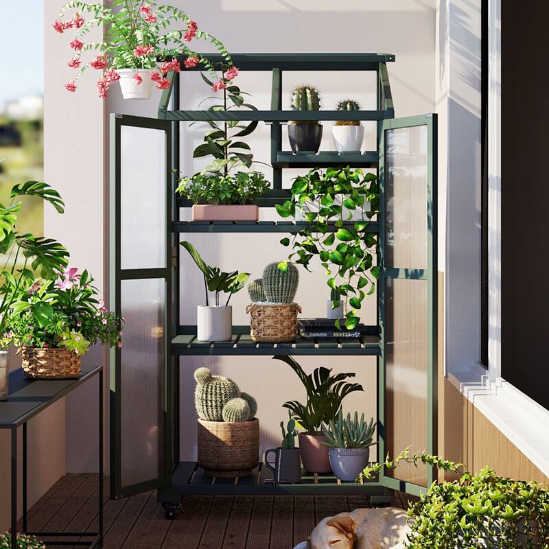 Roomfitters 62" Wood Greenhouse Cold Frame with Wheels and Adjustable Shelves for Indoor Outdoor Use, Green - Green