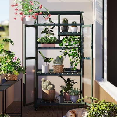 Roomfitters 62" Wood Greenhouse Cold Frame with Wheels and Adjustable Shelves for Indoor Outdoor Use, Green