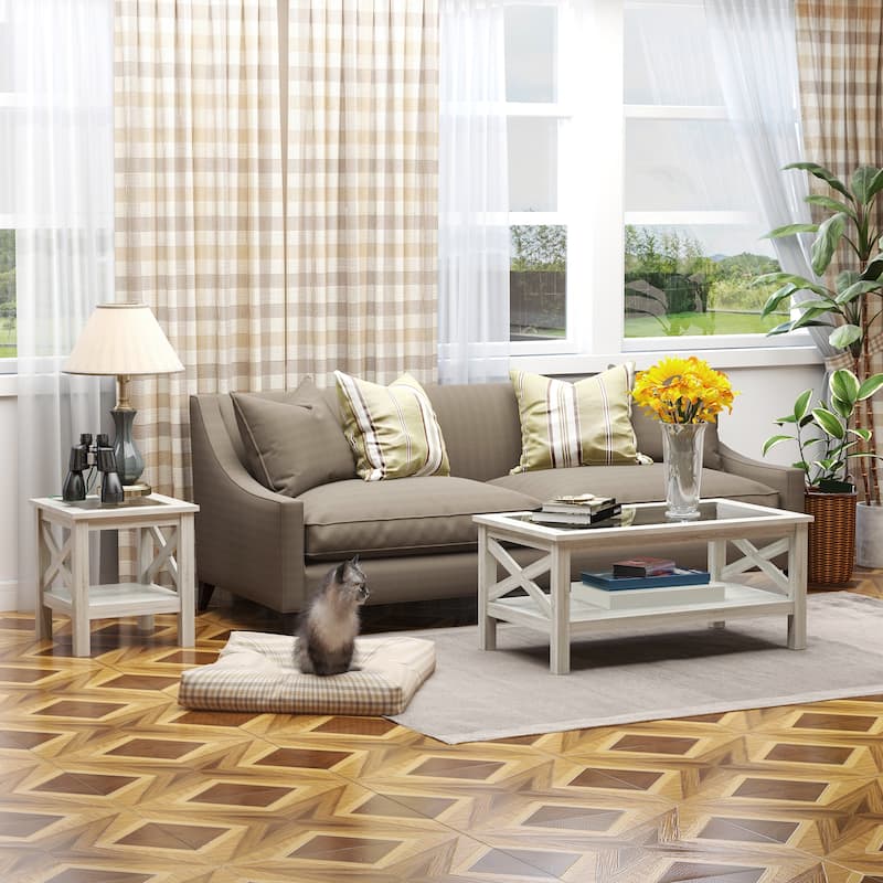 HOMCOM Traditional Coffee Table with Wood Frame, Tempered Glass Tabletop and Underneath Storage Shelf, White Oak