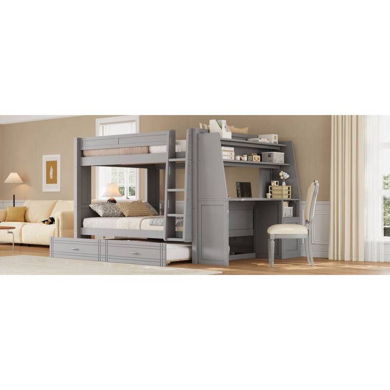 Roomfitters Full Over Full Bunk Bed with Built-In Desk, Bookshelves and Trundle
