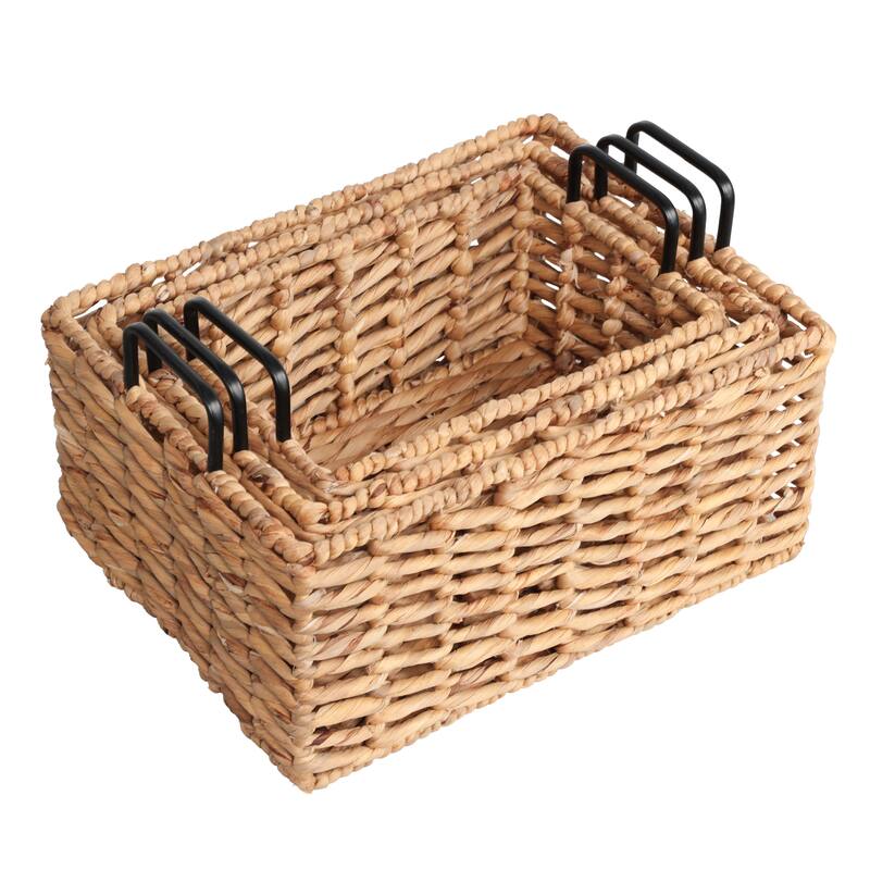 Savoy Handwoven Water Hyacinth Nesting Storage Baskets, Metal Handles (Set of 3)
