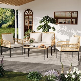 4 Piece Patio Conversation Set with Loveseat, Boho Wicker Outdoor ...
