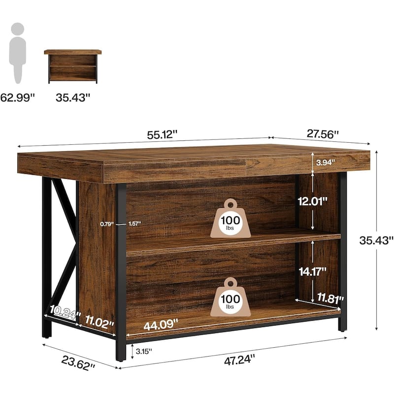 55-Inch Large Kitchen Island with Storage, Wooden Stationary Island Table - 27" D x 55" W x 35" H