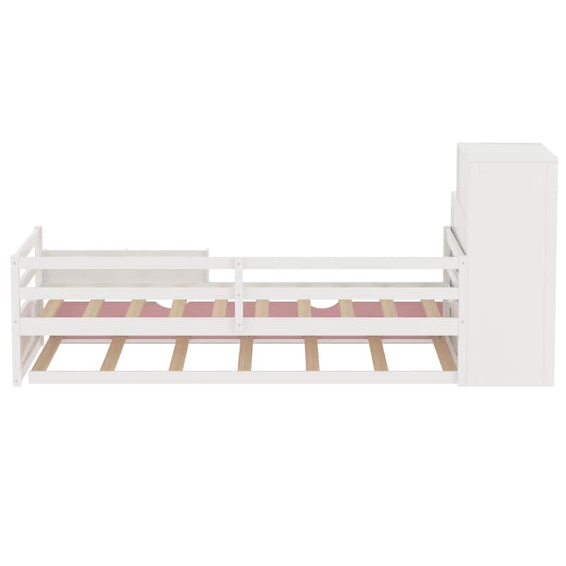 Twin Size Wood Platform Bed with Sample Bookshelf and Movable Wardrobe, Multifunctional Bed with Built-in Trundle Bed