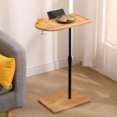 Couch Tray Table Bamboo Height Adjustable Side Table for Sofa C-shaped Oval End Tables