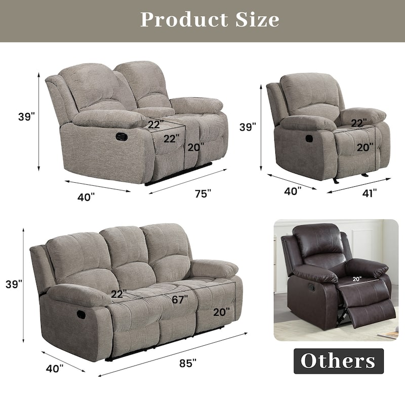 3PC Soft Microfiber Manual Reclining Sofa Set, Drop Down Table, Cupholder Console, Living Room Set