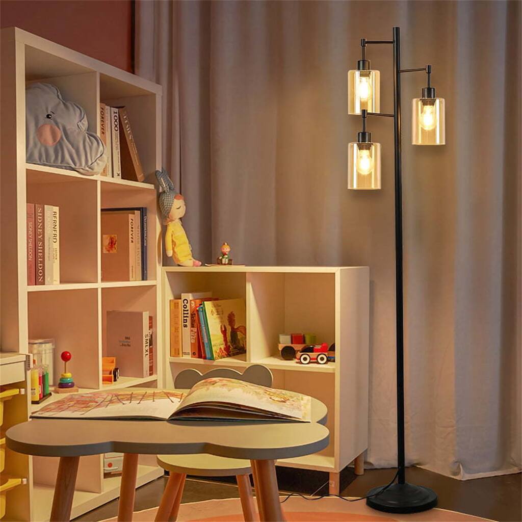 Freestanding Floor Lamp, 3 Lights Amber Glass Shade, Bulb Included