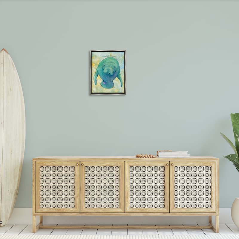 Stupell Green Manatee Underwater Framed Floater Canvas Wall Art Design by Steve Vanderbosch