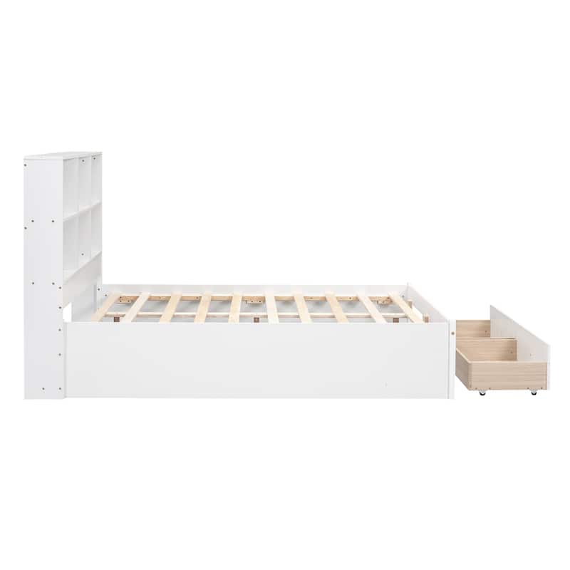 Full Size Platform Bed with Storage Headboard, Charging Station and 2 Drawers in White