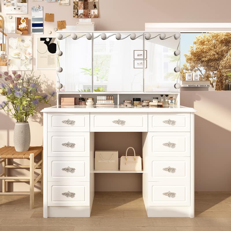 Contemporary Beauty Station - White Vanity Desk Makeup Vanity Dressing - 40.2"Wx54.1"H
