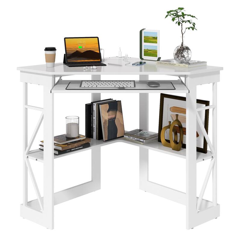 Corner Desk Small Desk with Outlets Corner Table for Small Space, Computer Desk with USB Ports Triangle Desk with Storage