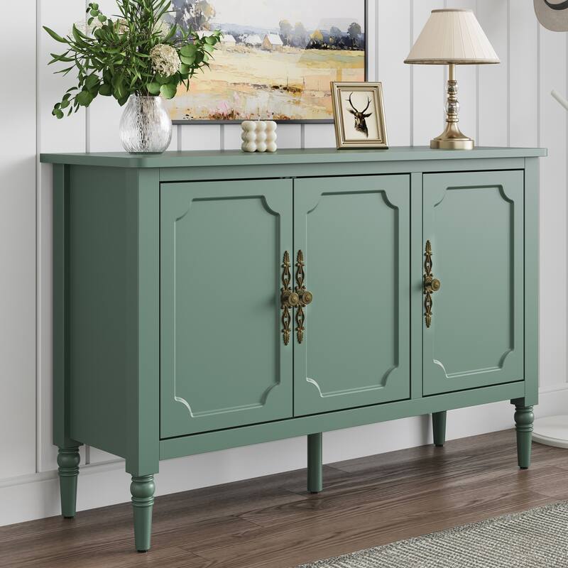 Green 3-Door Storage Cabinet with Adjustable Shelves and Turned Legs