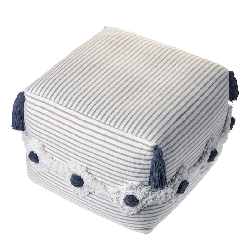 18" White and Gray Striped Square Pouf Ottoman