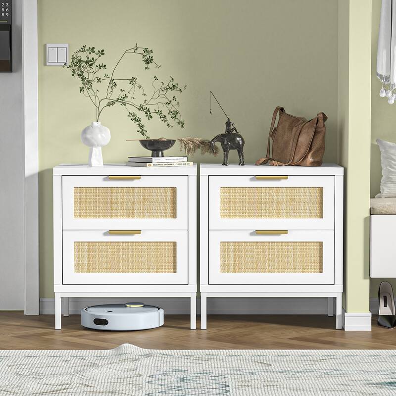 Anmytek Modern 2-Drawer Rattan White Nightstand Sofa End Table with Storage for Bedroom