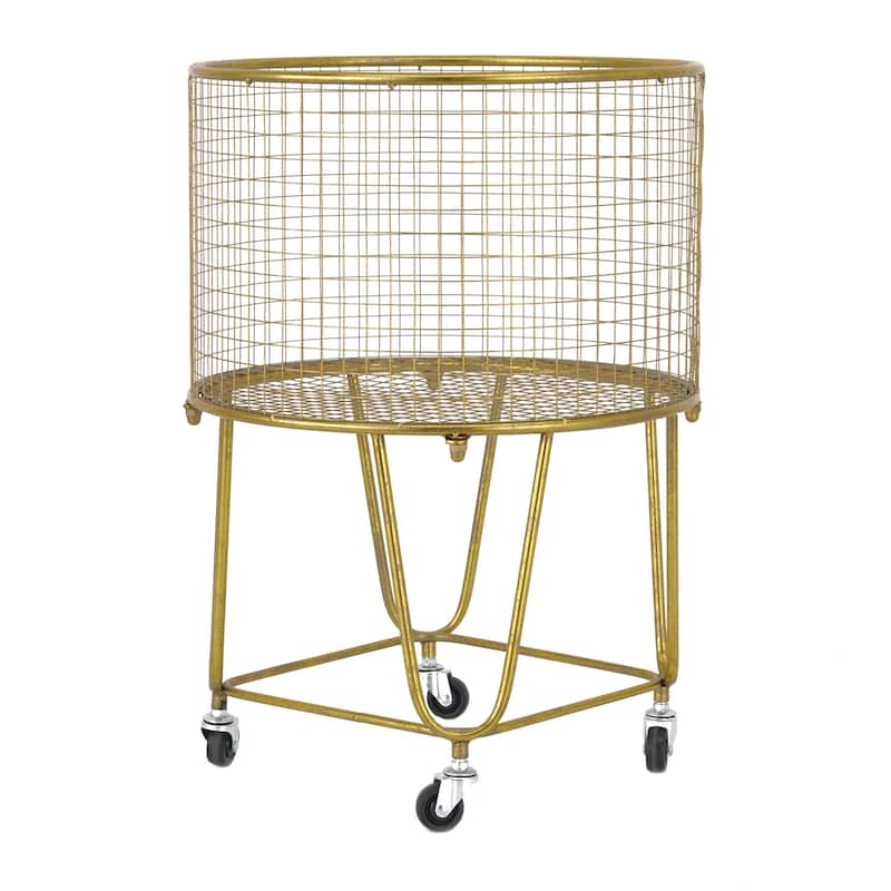 Metal Deep Set Metal Mesh Laundry Basket Storage Cart with Wheels - Gold or White - Roche River Decor
