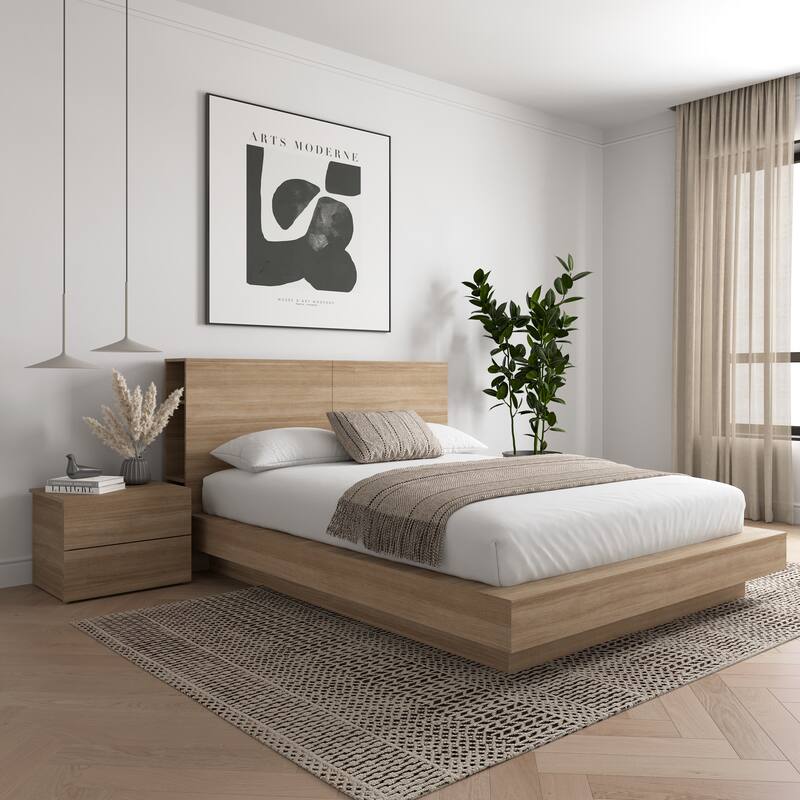 Marconi 3-Piece Platform Bed Set with Bed, Headboard, and Nightstand - Brown Oak - 3 Piece