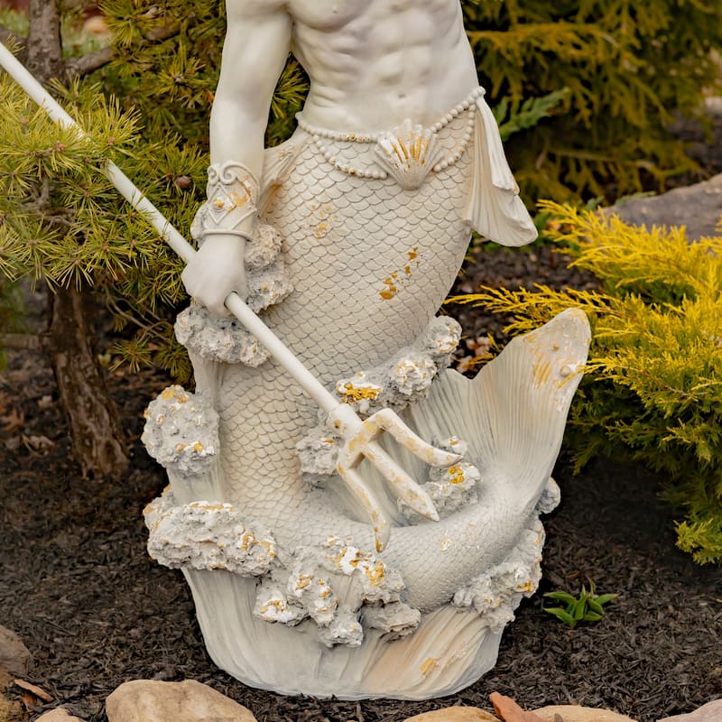 52 Inch Tall Magnesium Merman Garden Statue "Peter" Antique Grey