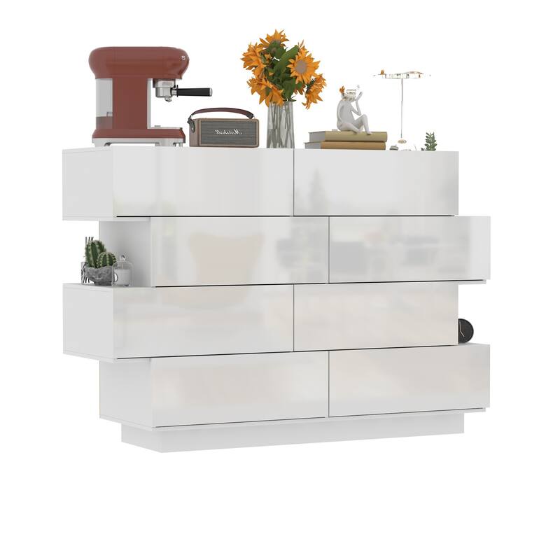 Contemporary High Gloss White Eight-Drawer Dresser, Chest of Drawers