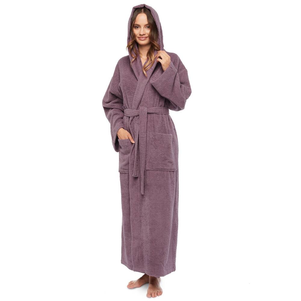 Women's Hooded Long Bathrobe Terry Cotton - Full Ankle Length Spa Robe