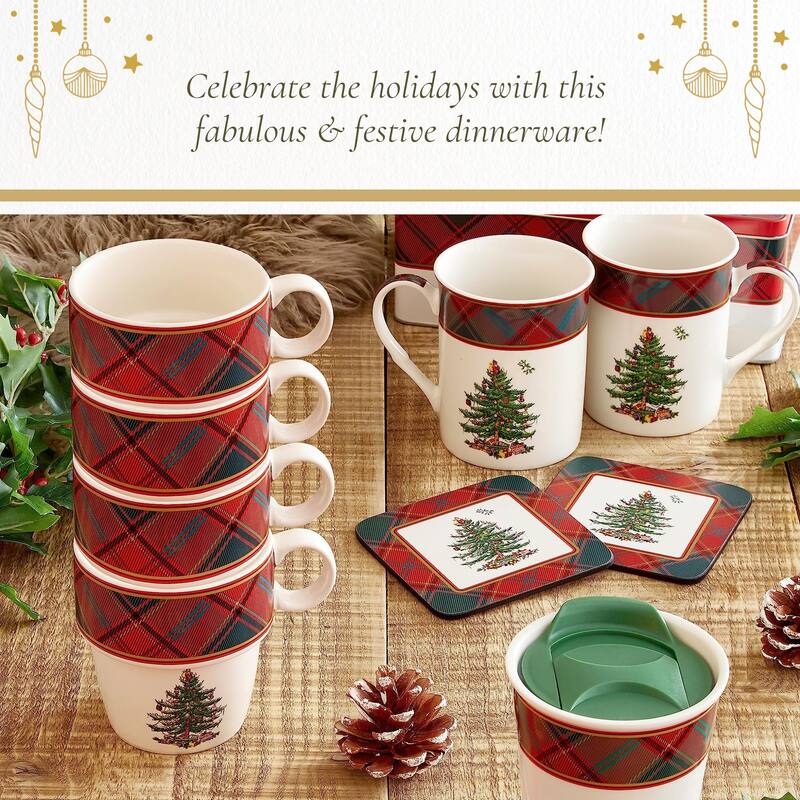 Spode Set of 4 Christmas Tree Tartan Stackable Mugs