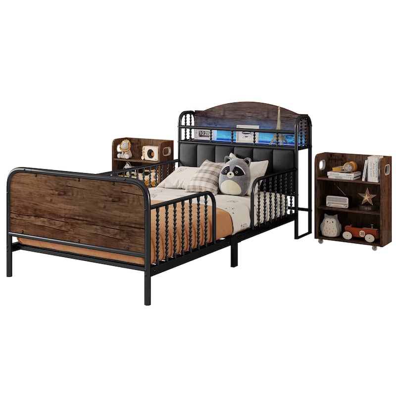 Kids Platform Bed Metal Frame with Linen Fabric Upholstered Storage Headboard Built-in Light Strip, Both Sides Rails