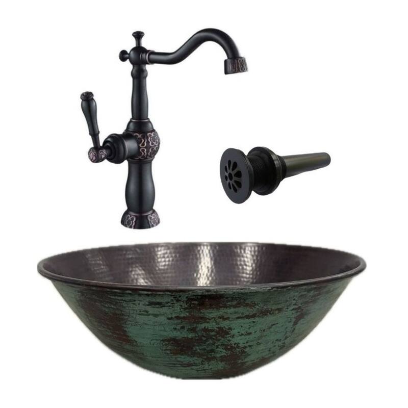 14" Round Copper Vessel Bathroom Sink Green Patina Exterior, Faucet & Daisy Drain Included - 14" x 14" x 5.5"