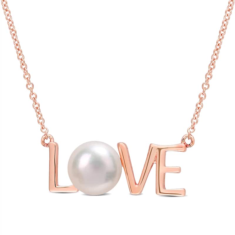 Miadora 10k Rose Gold Cultured Freshwater Pearl "LOVE" Station Necklace (7-7.5mm)