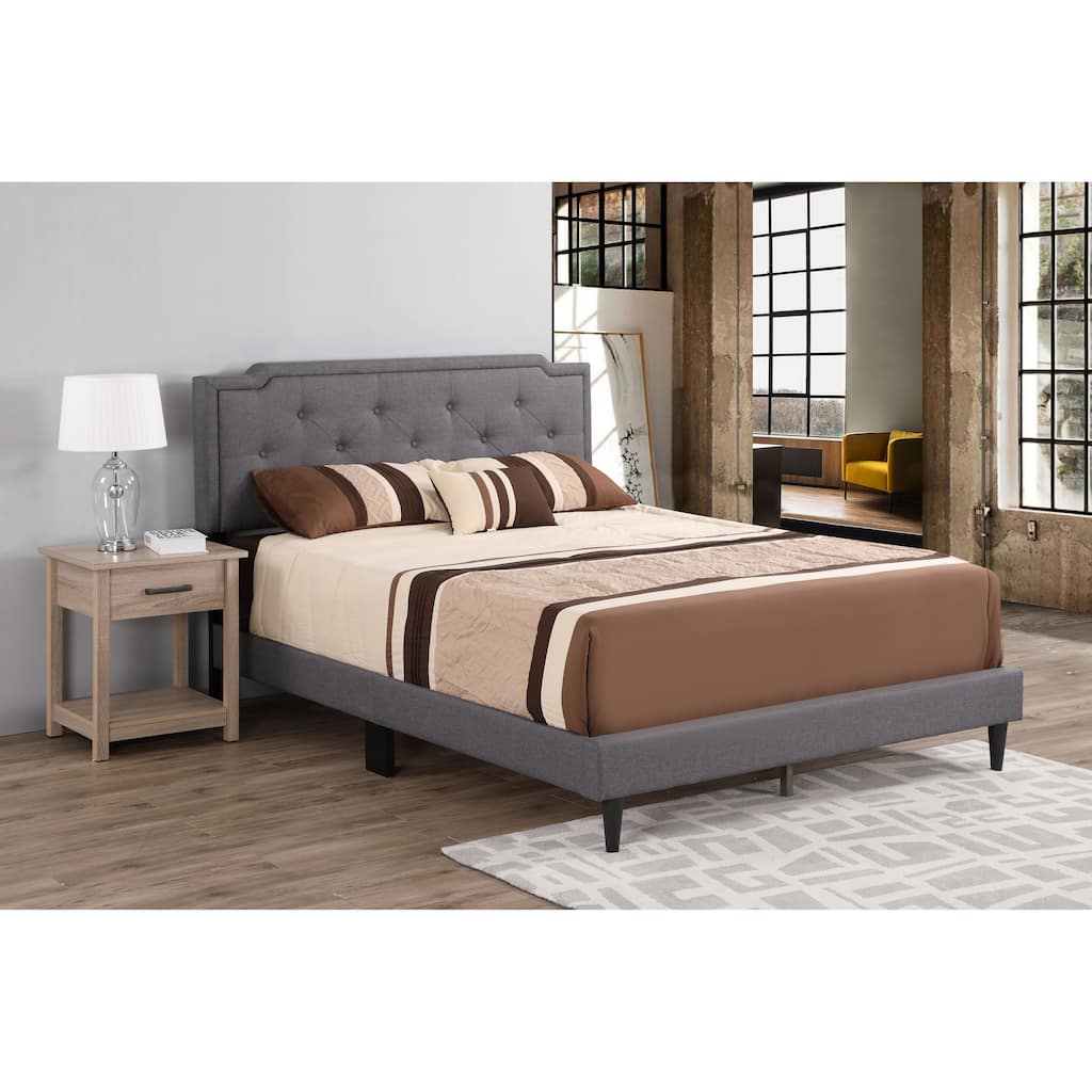 Queen Size Fabric Platform Bed with Adjustable Headboard and Slat Support