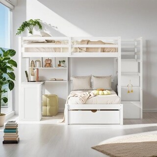 Elegant Full Over Twin Bunk Bed with Desk, Drawers and Shelves, Integrated Study Space, Versatile Sleeping Arrangements, White
