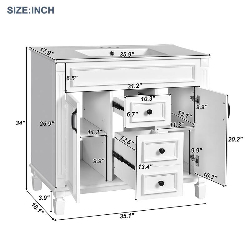 36'' Bathroom Vanity with Top Sink, Freestanding Vanity Set with Mirror Cabinet