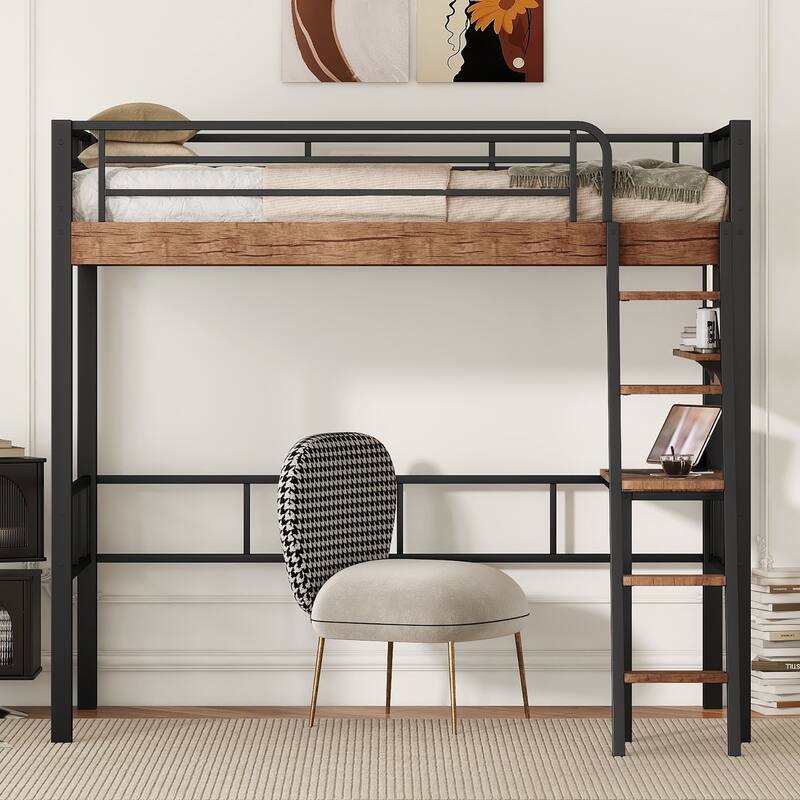 Twin Size Loft Bed with Built-in Desk, Storage Shelf, and Ladder in Black