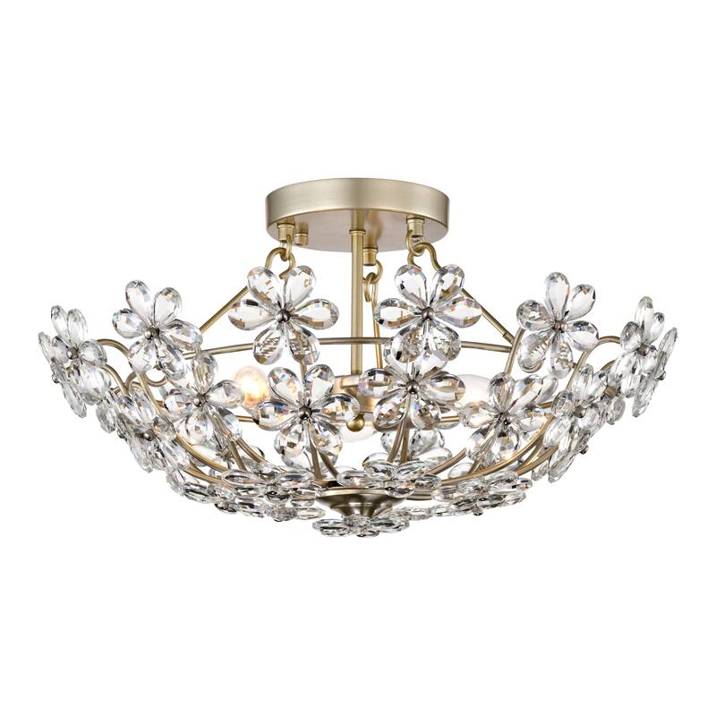 Rosa Glam 3-Light 20" Daisy Crystal Glass Flower Blossom Flush Mount - Brushed Silver-ish Champagne
