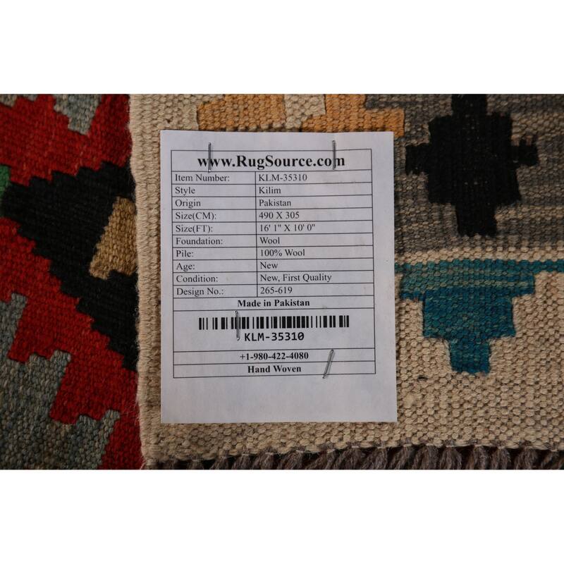 Geometric Multi-Color Kilim Oriental Large Rug Flatweave Wool Carpet - 10'0"x 16'1"