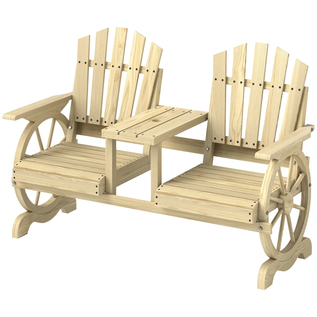 Fir Wood Wagon Wheel Outdoor Garden Bench with Table - 60.6" W x 25.6" D x 40.2" H