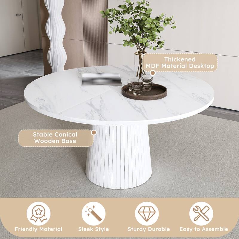 47 inch Round MDF Dining Table for 4, Modern Farmhouse Kitchen Table with Wood Strip Base, Circle Dinner Table