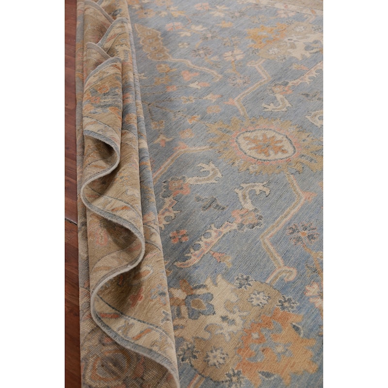 Hand Knotted Oriental 100% Wool Carpet Transitional All-Over Navy Blue & Blues Oushak Area Rug - 11' 10'' X 9' 1''