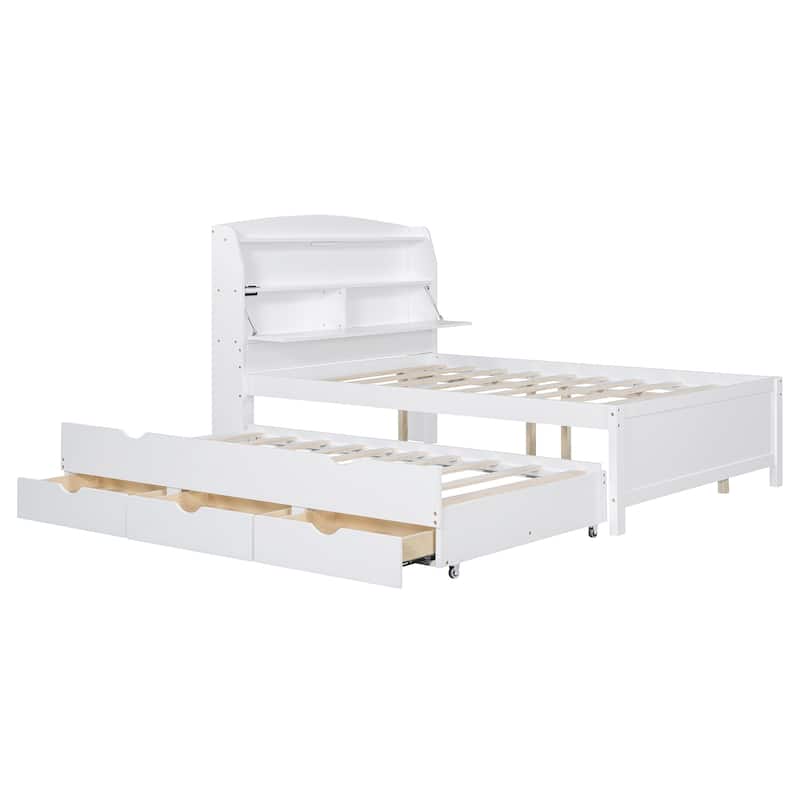 Full Size Wooden LED Platform Bed with Trundle, Storage Headboard Modern Floor Standing Bed Frame with Drawers