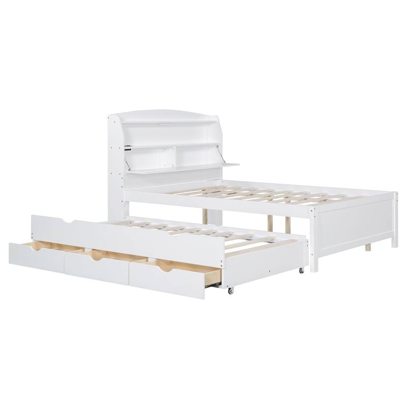 Roomfitters Wooden Platform Bed with Trundle, Headboard Storage and Accent Lighting