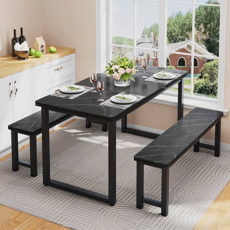 3-Piece Industrial Style Dining Table & Bench, Marble Veneer - Black