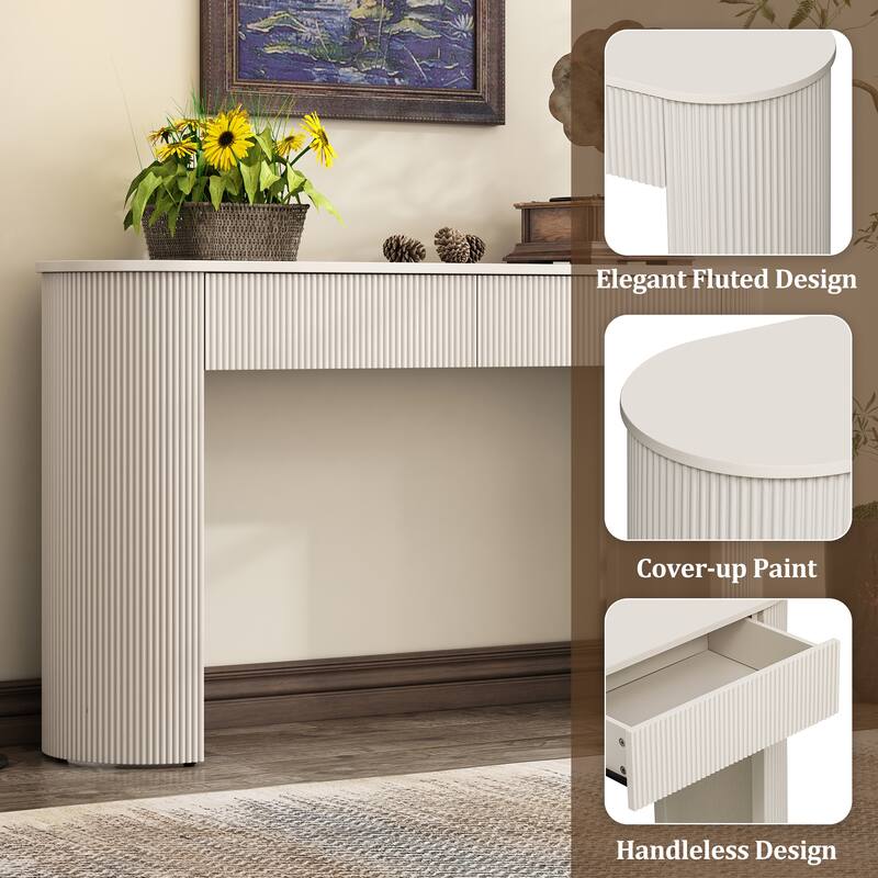 Fluted Console Table with 2 Drawers, Oval Top Entryway Table Champagne White Accent Table Sofa Table - Champagne White
